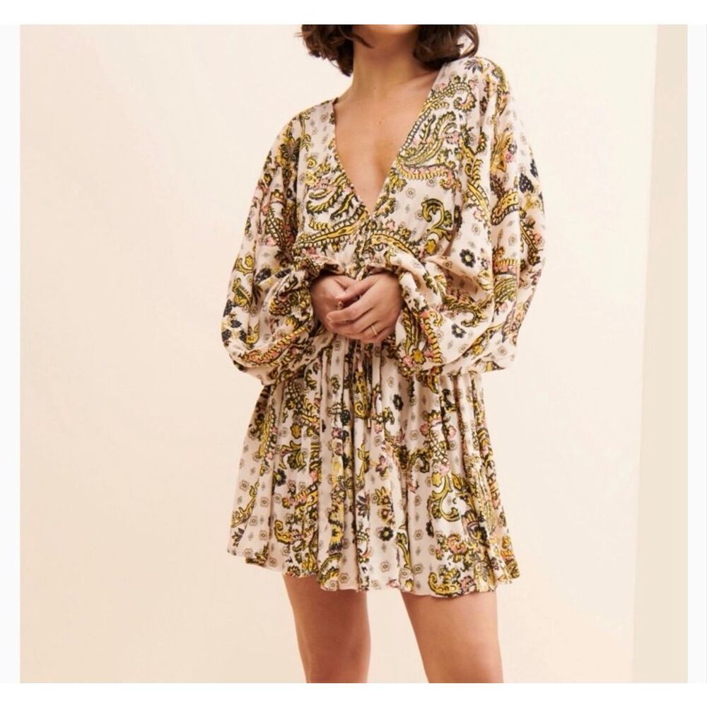 Free People Arzel Boho Peasant Paisley Dress Long Balloon Sleeve V-Neck Tea Sz S